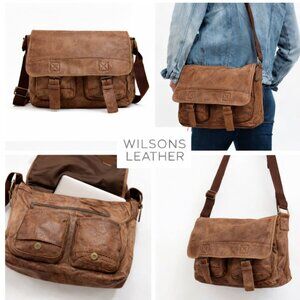 Wilsons Leather Messenger Crossbody Bag Tan Laptop Satchel Unisex Vintage